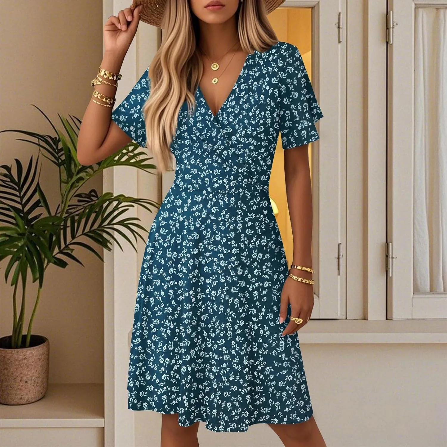 Women Summer Dresses 2025 Short Sleeve V Neck Tiered Ruffle Boho Swing Dress A-Line Floral Mini Dresses