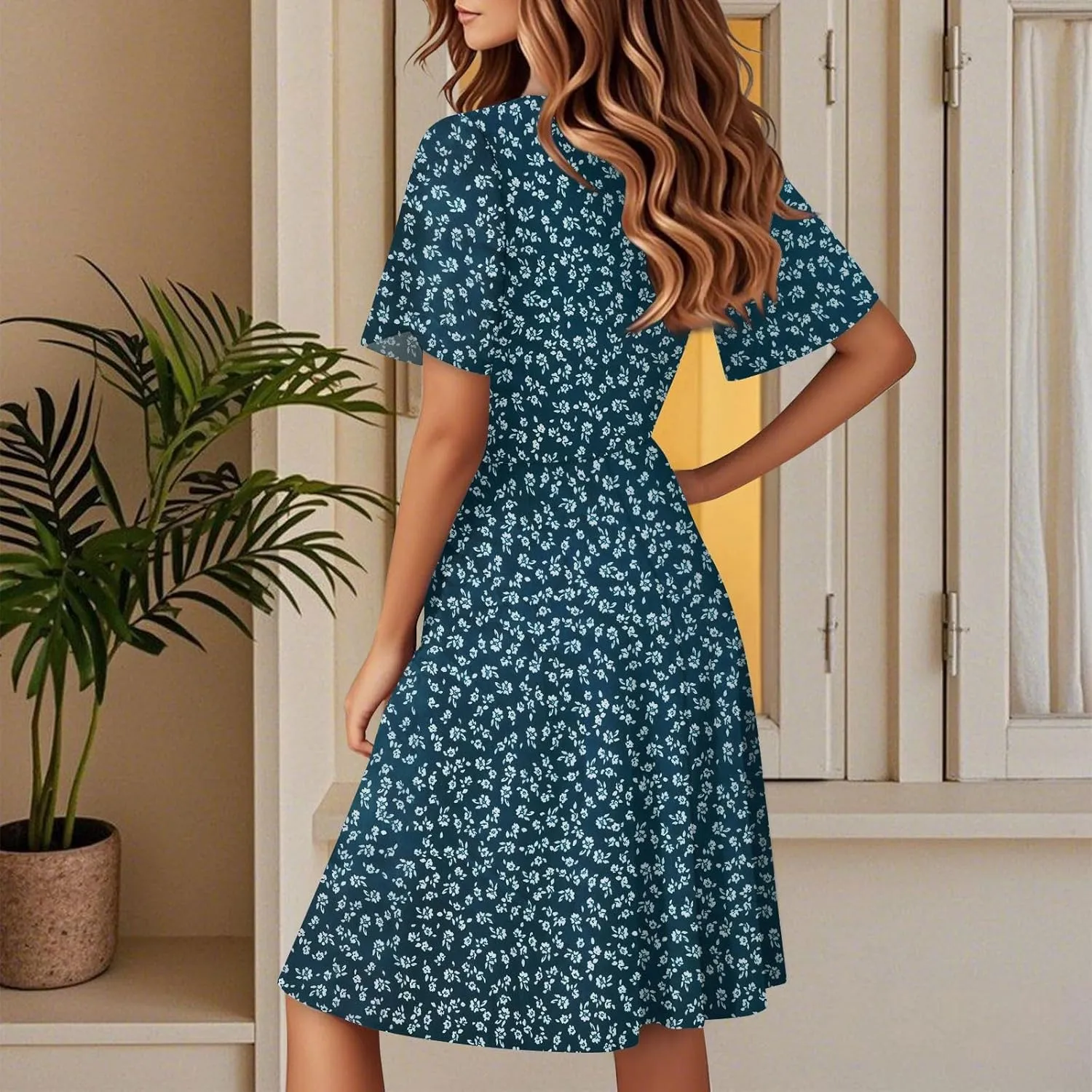 Women Summer Dresses 2025 Short Sleeve V Neck Tiered Ruffle Boho Swing Dress A-Line Floral Mini Dresses
