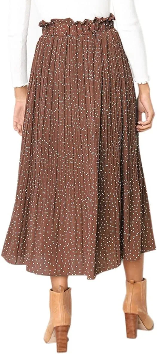 Women Trendy High Waist Ruffle Polka Dot Midi Swing Skirts Knee Length Boho Pleated Skirt with Pockets