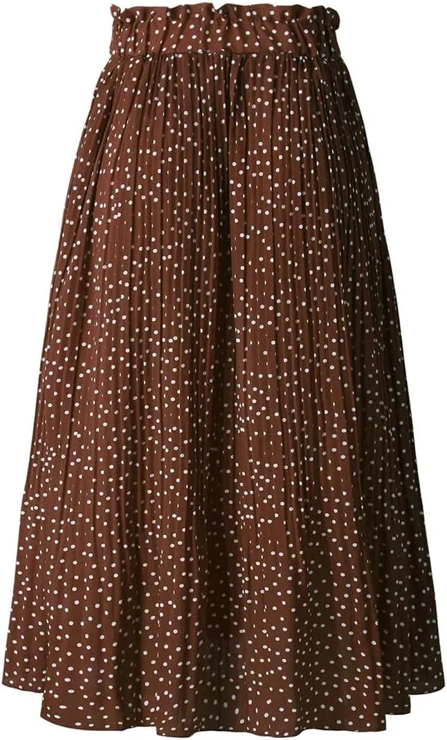 Women Trendy High Waist Ruffle Polka Dot Midi Swing Skirts Knee Length Boho Pleated Skirt with Pockets