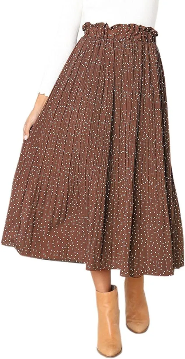 Women Trendy High Waist Ruffle Polka Dot Midi Swing Skirts Knee Length Boho Pleated Skirt with Pockets