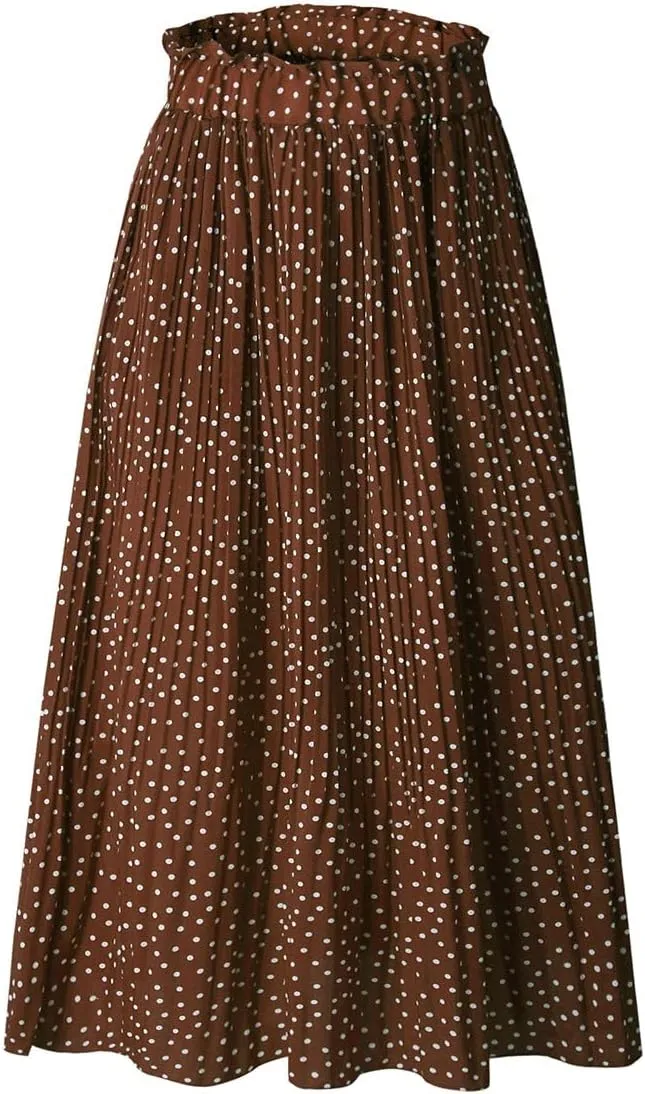 Women Trendy High Waist Ruffle Polka Dot Midi Swing Skirts Knee Length Boho Pleated Skirt with Pockets