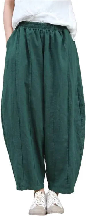 Women Vintage Cotton Linen Harem Pants Elastic Waist Solid Loose Casual Trousers