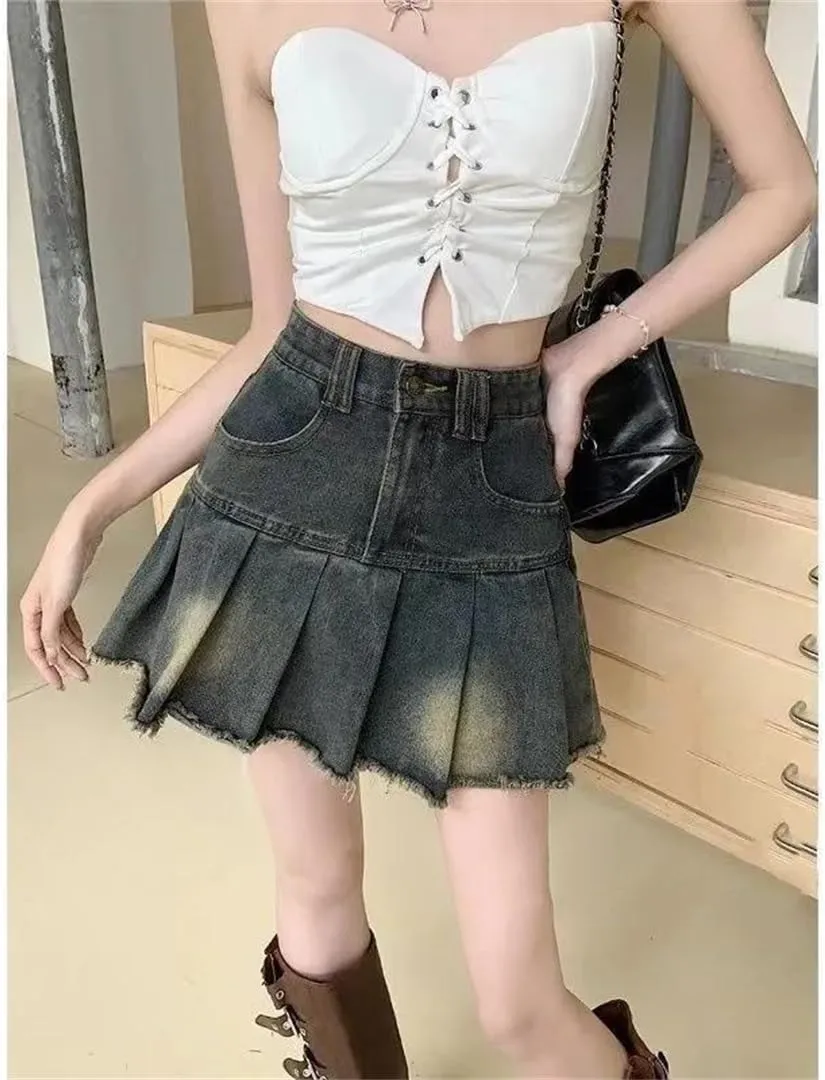 Women Vintage High-Waisted Denim Skirt A- Line Mini Bodycon Style Fringe Skirt