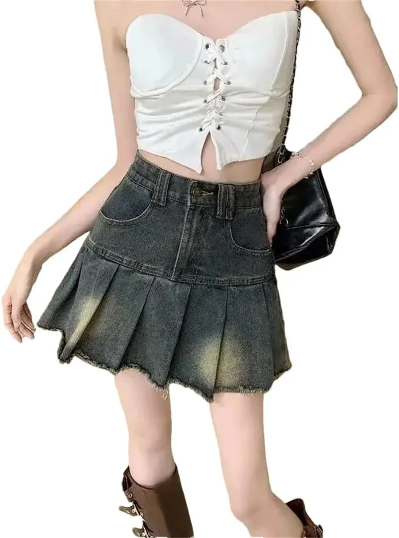 Women Vintage High-Waisted Denim Skirt A- Line Mini Bodycon Style Fringe Skirt