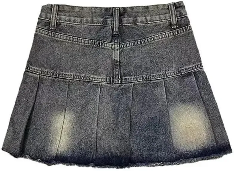 Women Vintage High-Waisted Denim Skirt A- Line Mini Bodycon Style Fringe Skirt