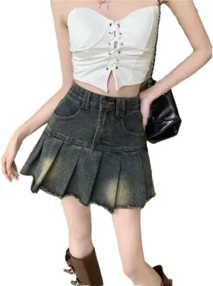 Women Vintage High-Waisted Denim Skirt A- Line Mini Bodycon Style Fringe Skirt