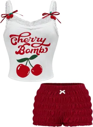 Women's 2 Piece Outfits Cherry Print Bow Lace Trim Camisole Crop Tops and Bloomers Shorts Set