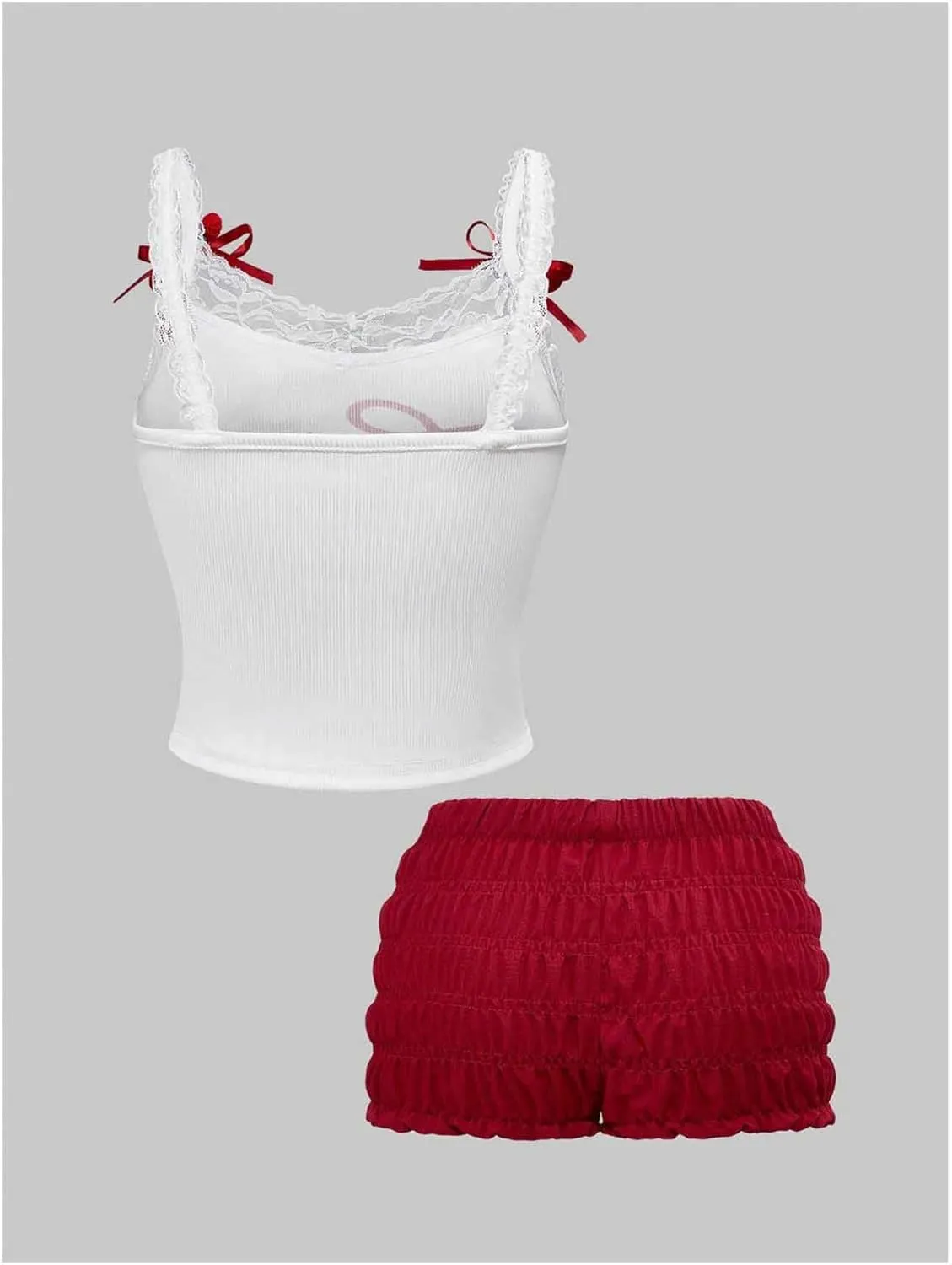 Women's 2 Piece Outfits Cherry Print Bow Lace Trim Camisole Crop Tops and Bloomers Shorts Set