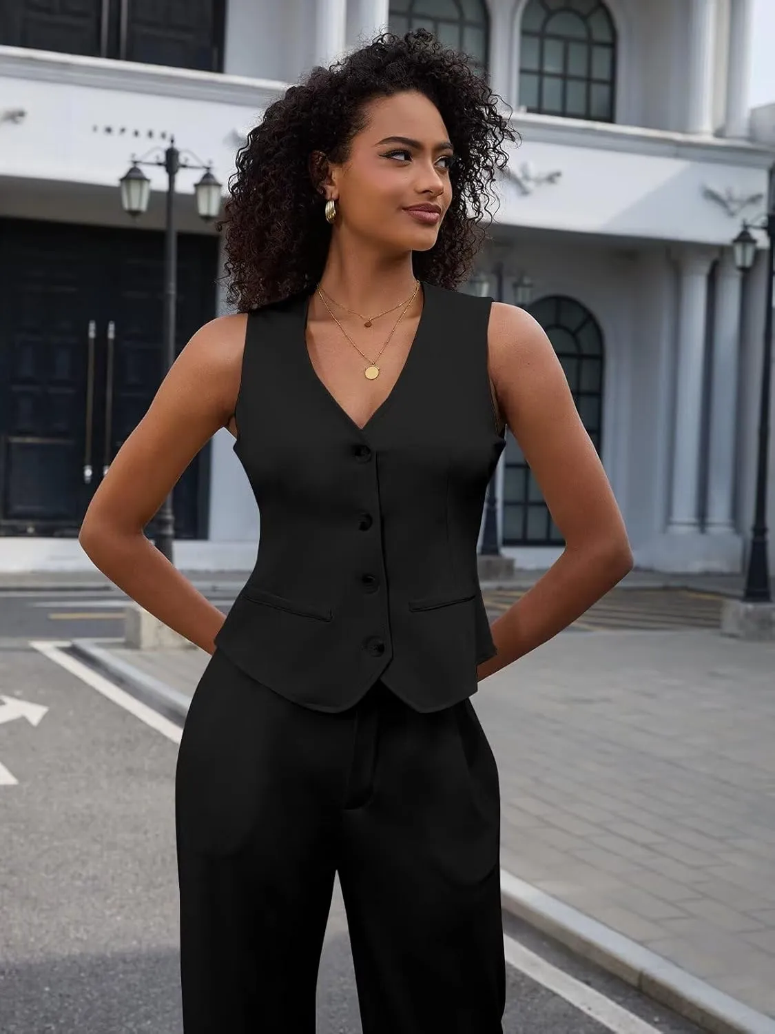 Women's 2 Piece Outfits Elegant Blazer Vest Pockets Wide Leg Pant Suit Casual Matching Set