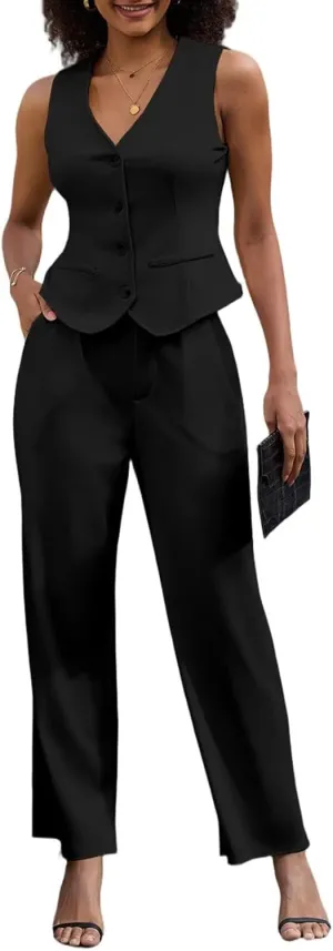 Women's 2 Piece Outfits Elegant Blazer Vest Pockets Wide Leg Pant Suit Casual Matching Set