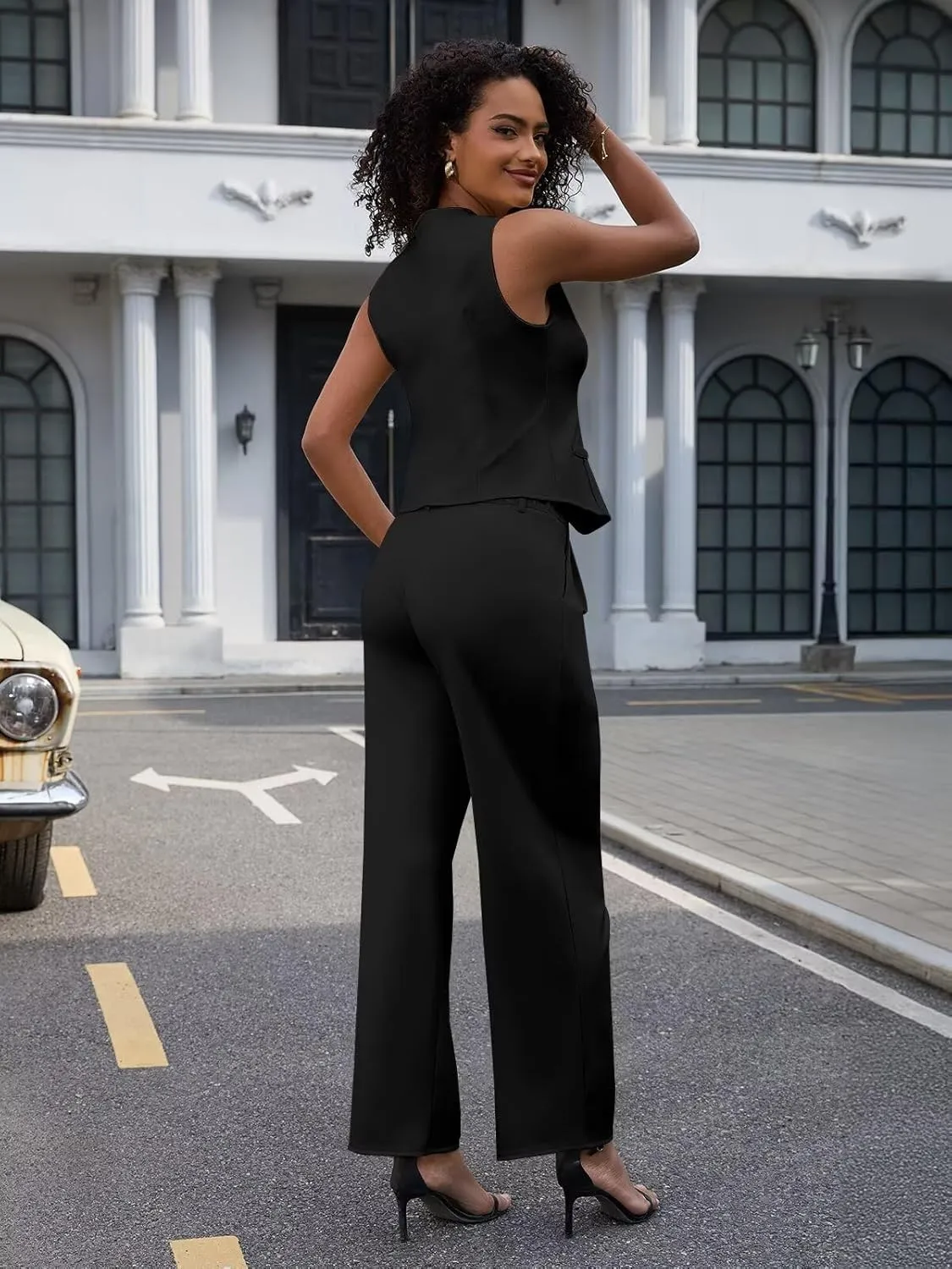 Women's 2 Piece Outfits Elegant Blazer Vest Pockets Wide Leg Pant Suit Casual Matching Set