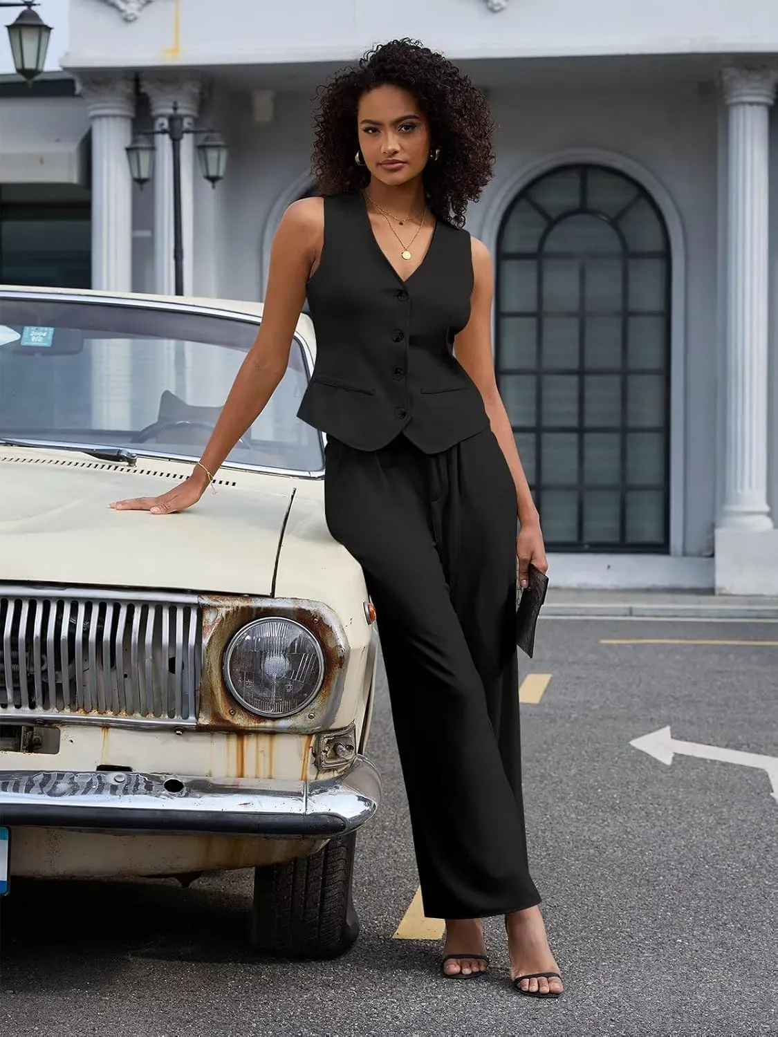 Women's 2 Piece Outfits Elegant Blazer Vest Pockets Wide Leg Pant Suit Casual Matching Set