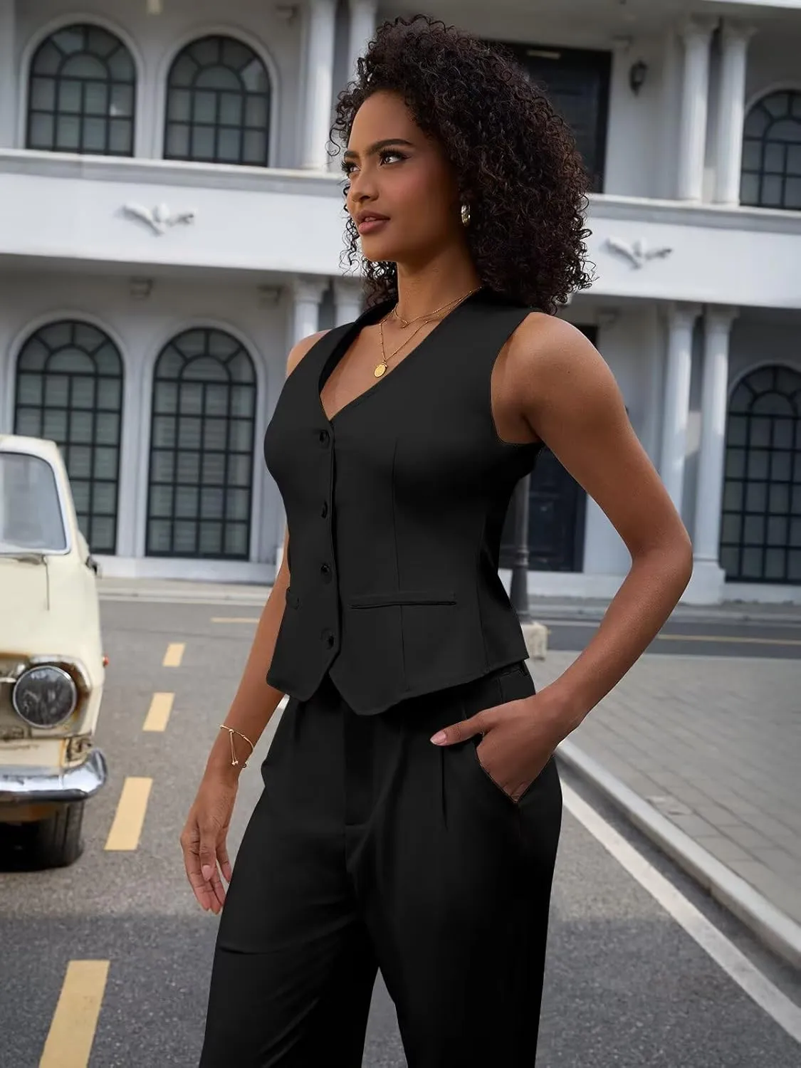 Women's 2 Piece Outfits Elegant Blazer Vest Pockets Wide Leg Pant Suit Casual Matching Set