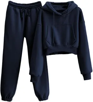 Women's 2pc Airport Outfits Casual Hoodie Fleece Tracksuit Sweatshirt Pullover Jogging Pants Pockets