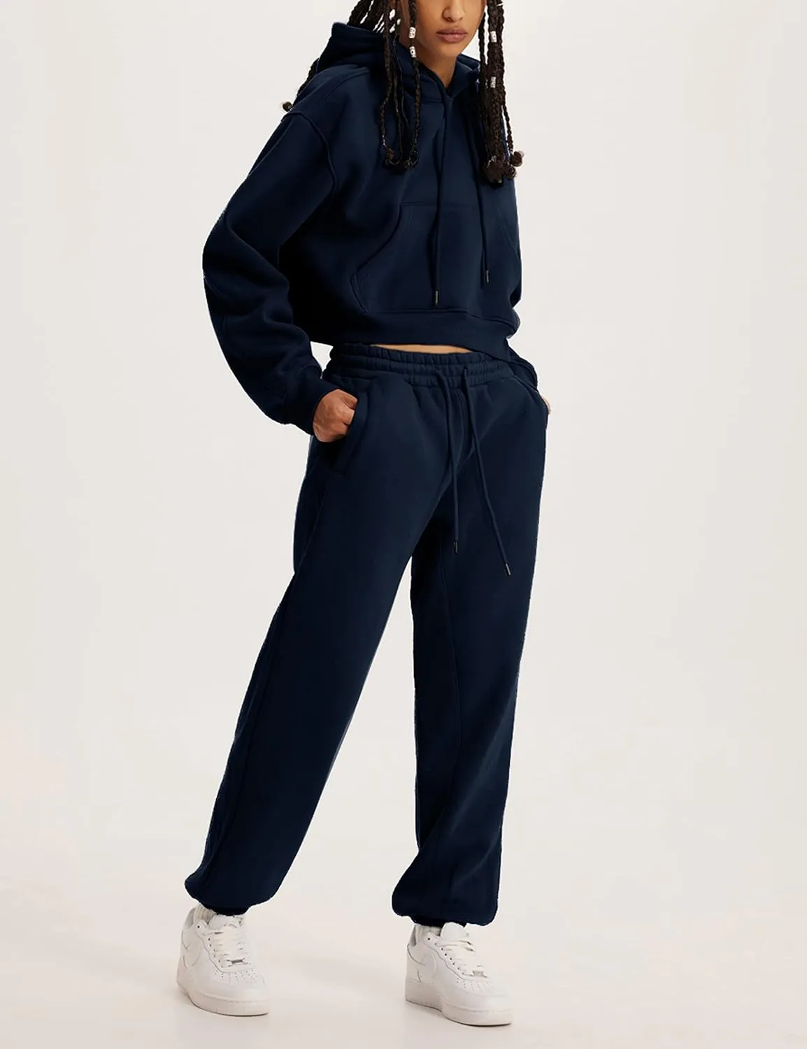 Women's 2pc Airport Outfits Casual Hoodie Fleece Tracksuit Sweatshirt Pullover Jogging Pants Pockets