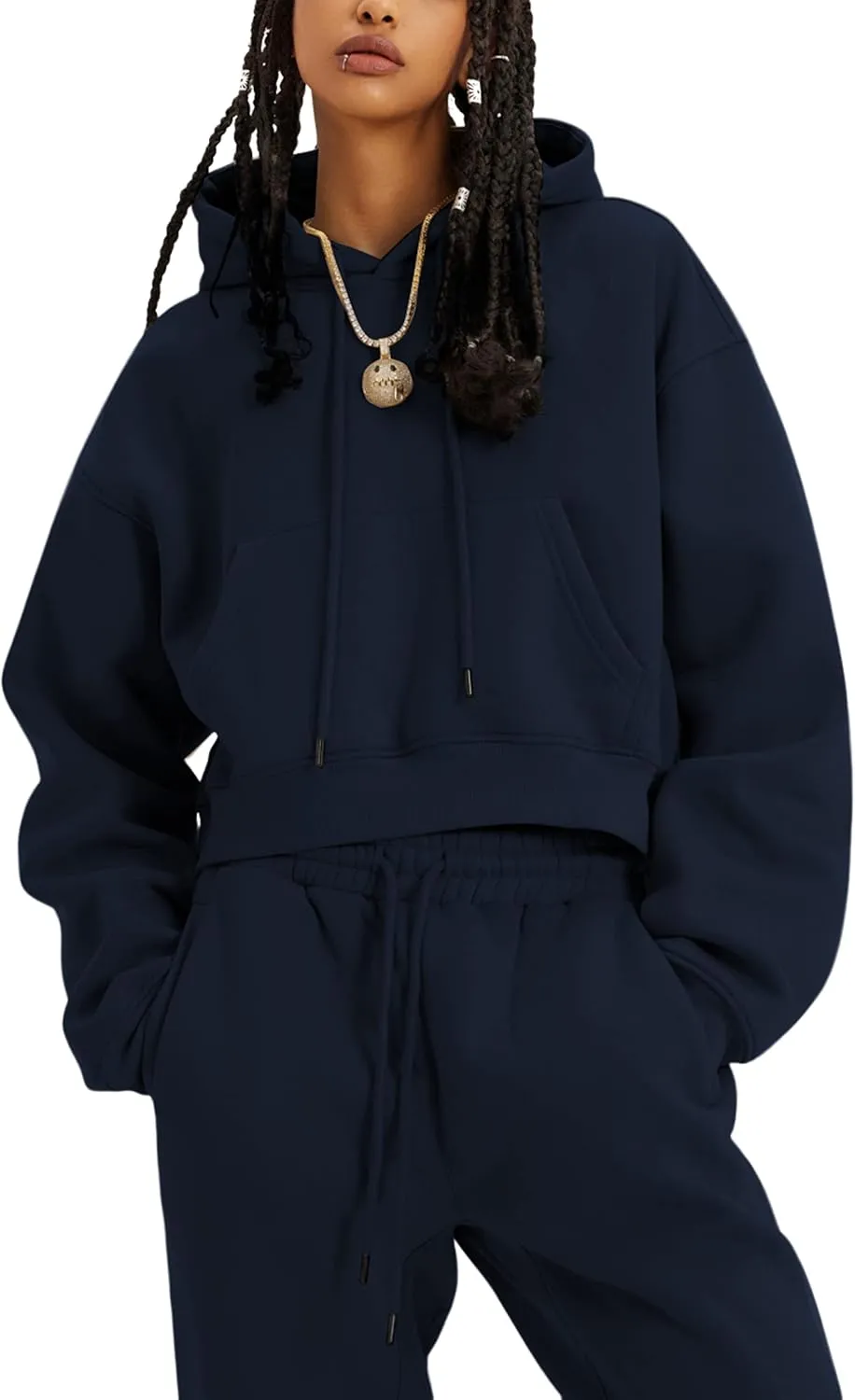 Women's 2pc Airport Outfits Casual Hoodie Fleece Tracksuit Sweatshirt Pullover Jogging Pants Pockets