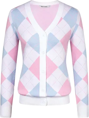 Womens Argyle Preppy Cardigan Sweater Casual V Neck Button Down Knit Cardigan Color Block Shrugs S-2XL