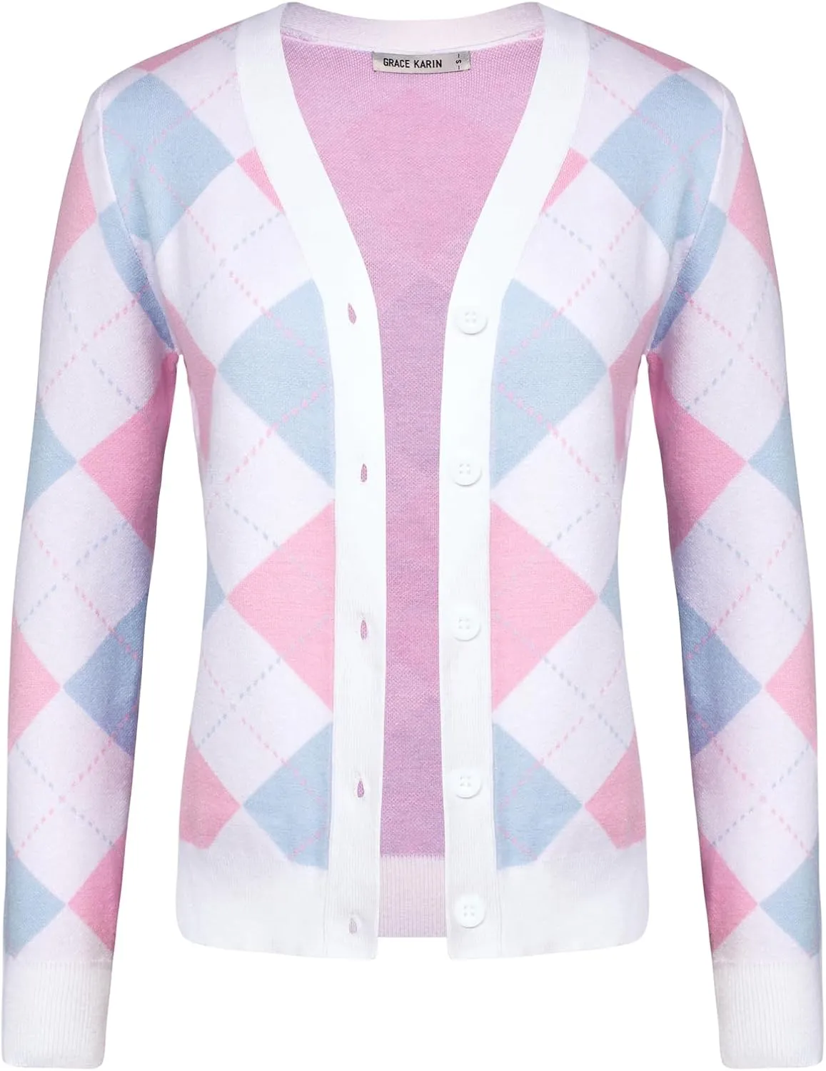 Womens Argyle Preppy Cardigan Sweater Casual V Neck Button Down Knit Cardigan Color Block Shrugs S-2XL