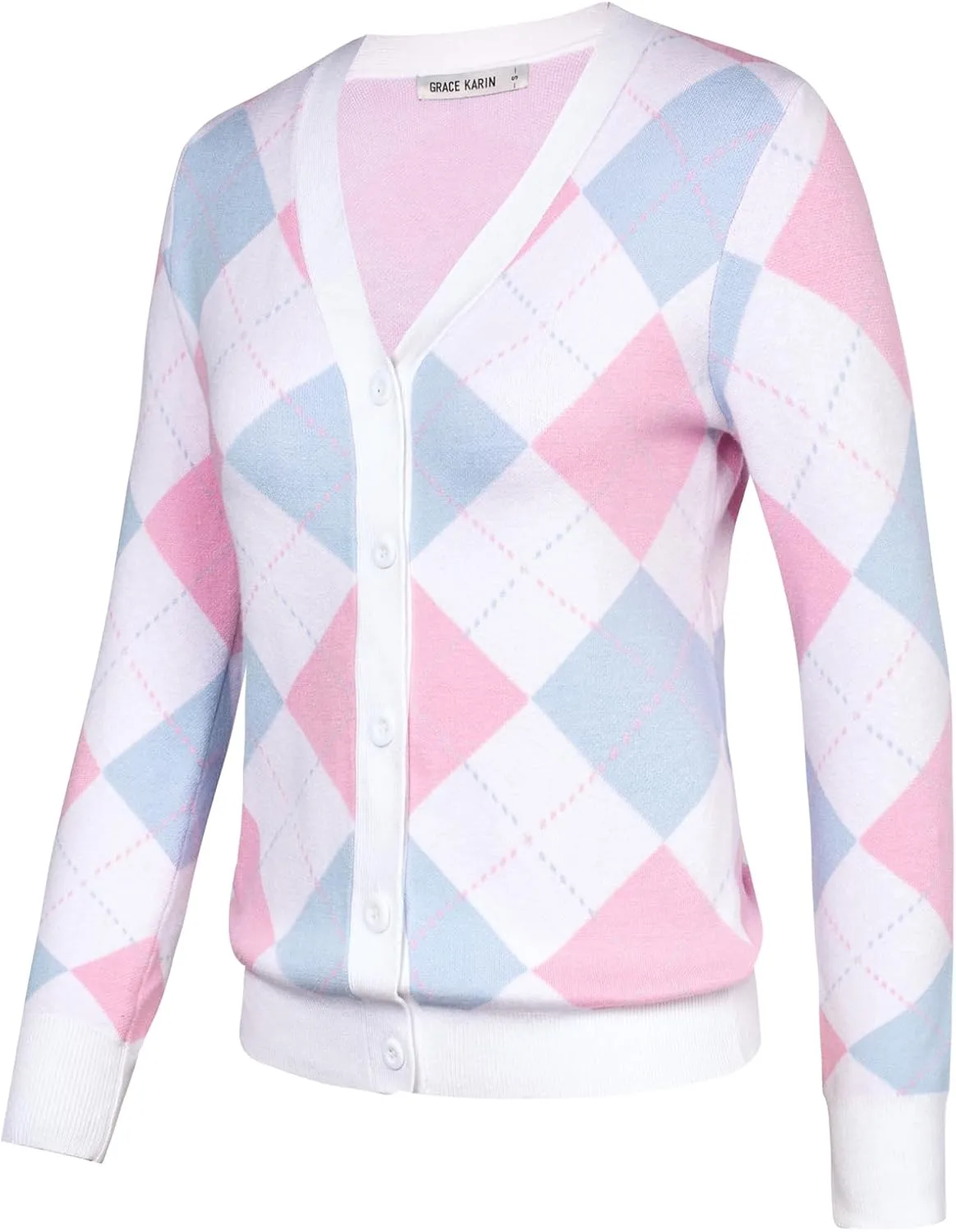 Womens Argyle Preppy Cardigan Sweater Casual V Neck Button Down Knit Cardigan Color Block Shrugs S-2XL