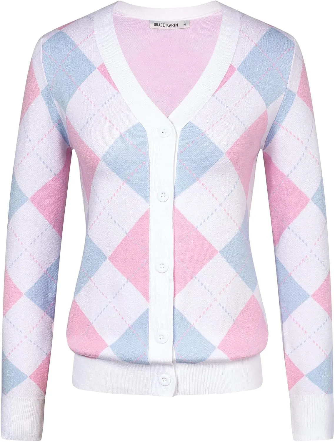 Womens Argyle Preppy Cardigan Sweater Casual V Neck Button Down Knit Cardigan Color Block Shrugs S-2XL
