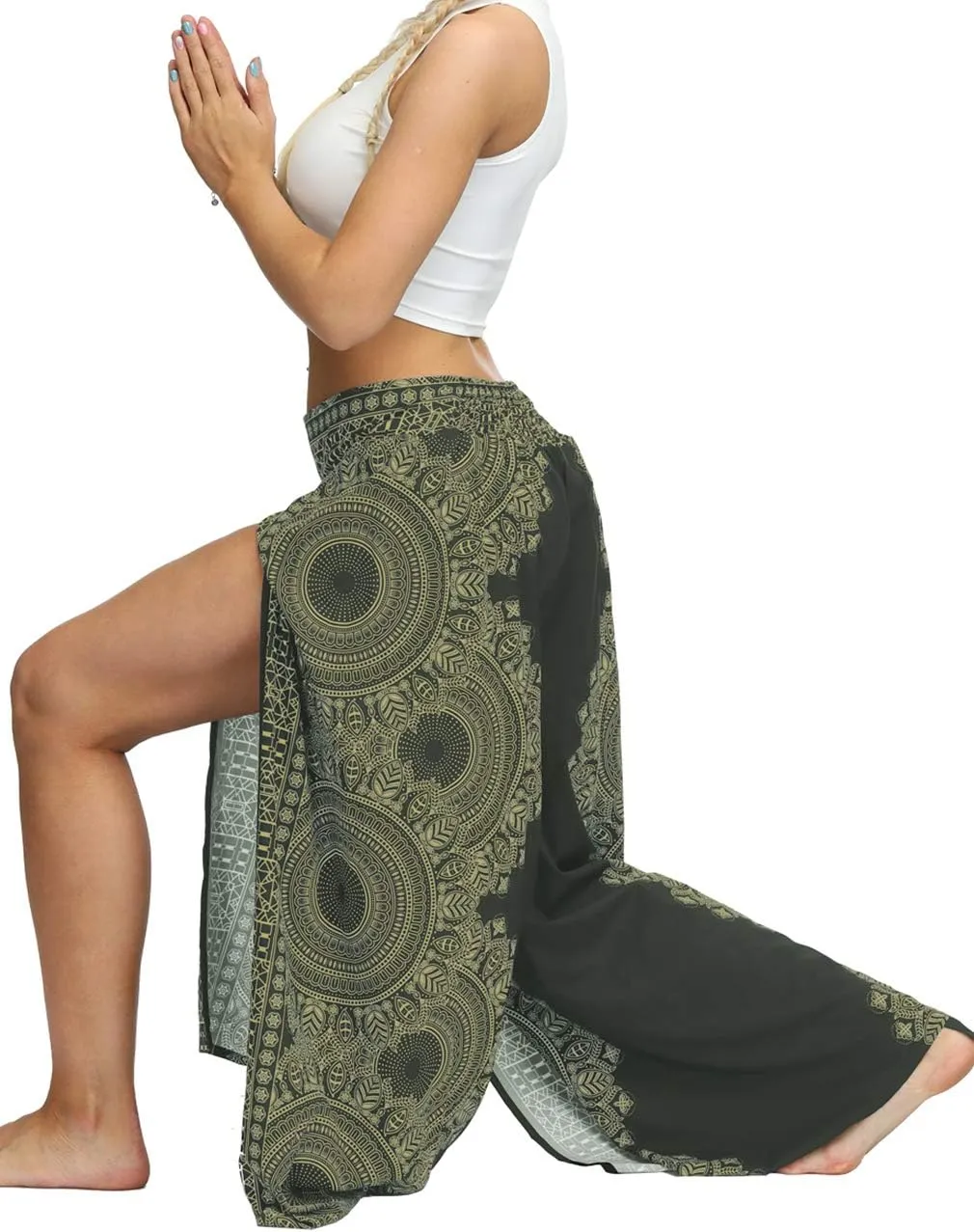 Women's Bohemian Yoga Pant Palazzo Slit Wide Leg High Waist Hippie Trousers Flowy Pants