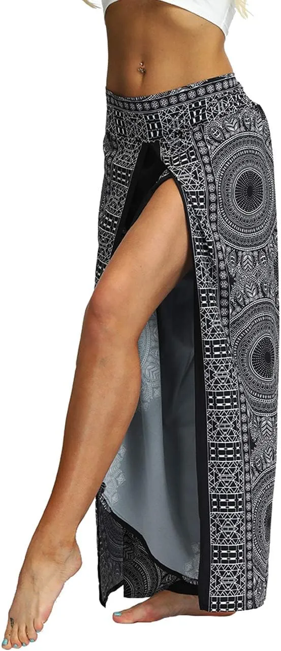Women's Bohemian Yoga Pant Palazzo Slit Wide Leg High Waist Hippie Trousers Flowy Pants