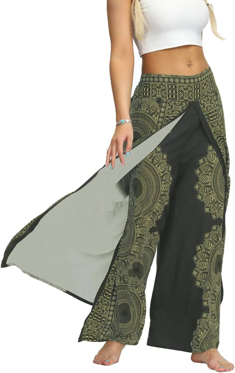 Women's Bohemian Yoga Pant Palazzo Slit Wide Leg High Waist Hippie Trousers Flowy Pants