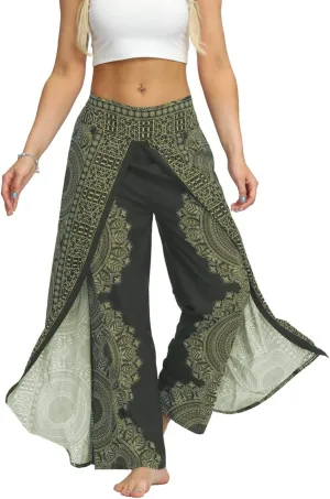 Women's Bohemian Yoga Pant Palazzo Slit Wide Leg High Waist Hippie Trousers Flowy Pants