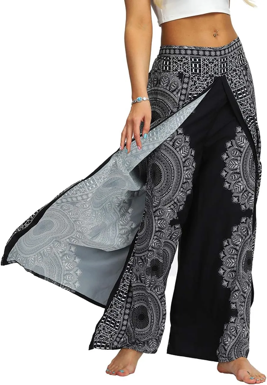 Women's Bohemian Yoga Pant Palazzo Slit Wide Leg High Waist Hippie Trousers Flowy Pants
