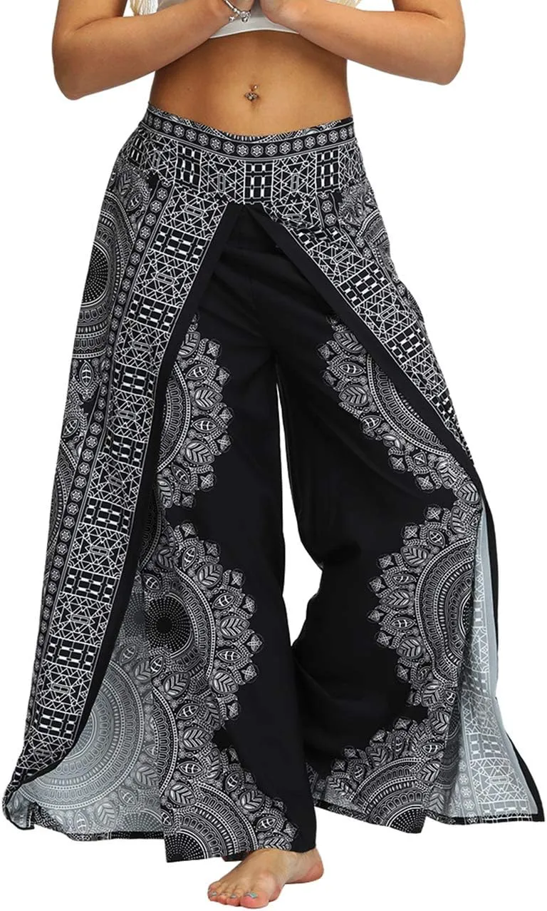 Women's Bohemian Yoga Pant Palazzo Slit Wide Leg High Waist Hippie Trousers Flowy Pants