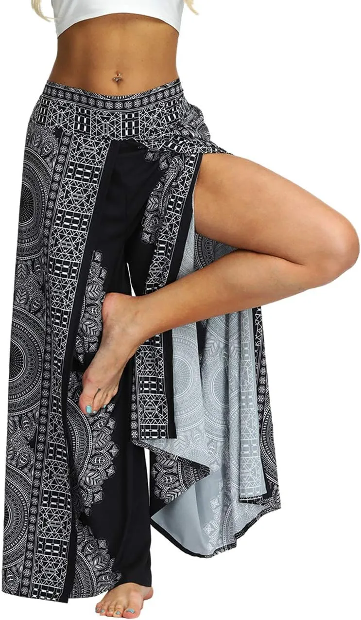 Women's Bohemian Yoga Pant Palazzo Slit Wide Leg High Waist Hippie Trousers Flowy Pants