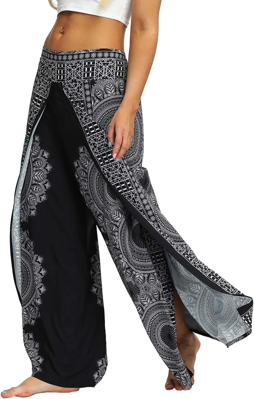 Women's Bohemian Yoga Pant Palazzo Slit Wide Leg High Waist Hippie Trousers Flowy Pants