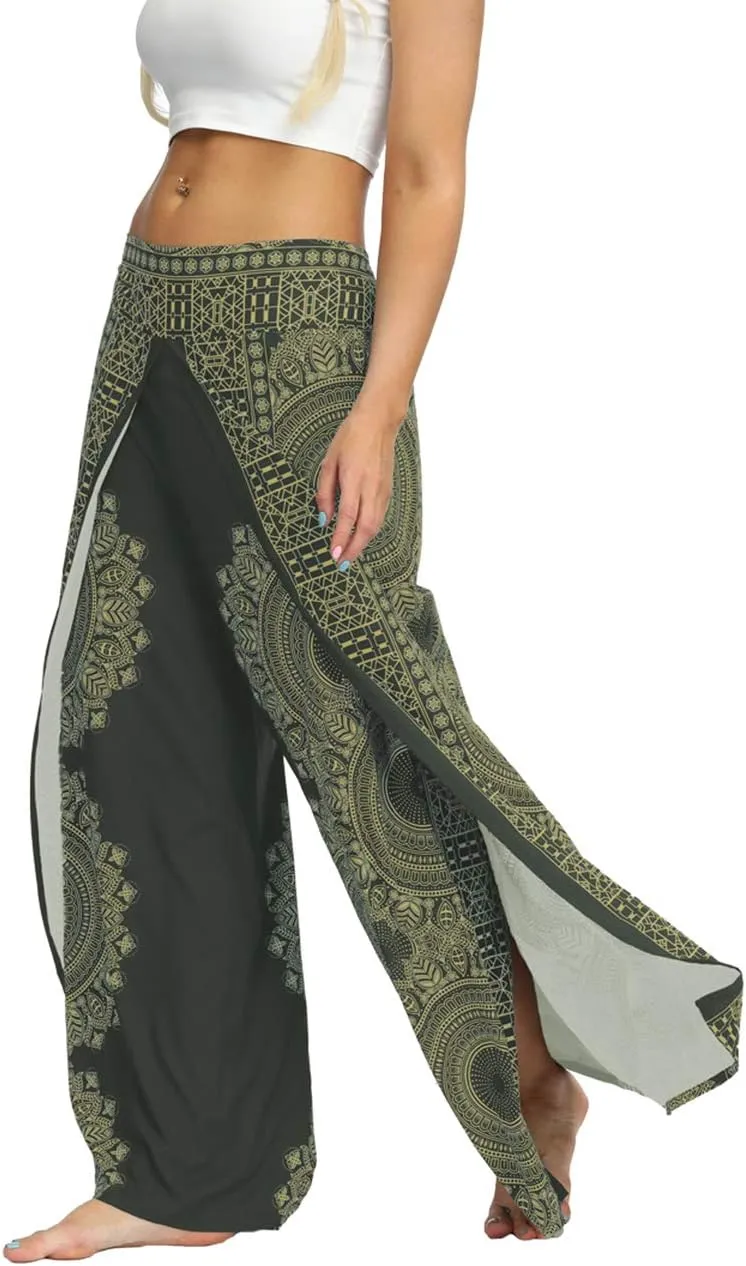 Women's Bohemian Yoga Pant Palazzo Slit Wide Leg High Waist Hippie Trousers Flowy Pants