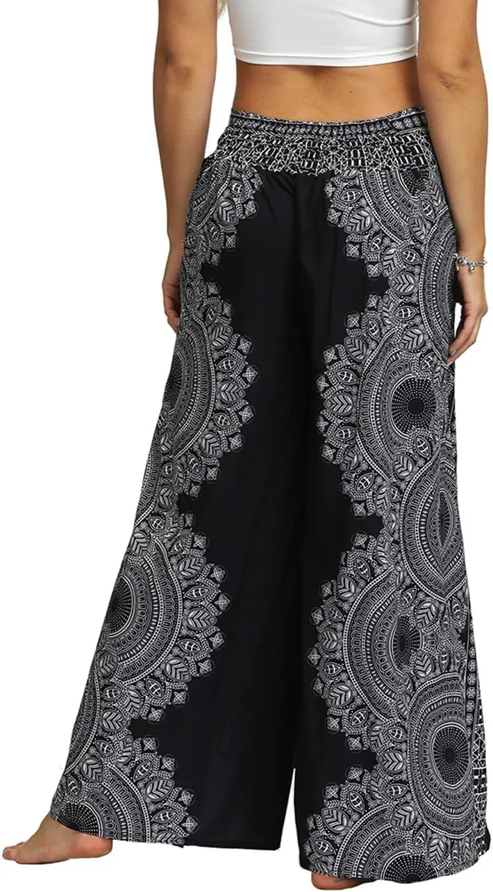 Women's Bohemian Yoga Pant Palazzo Slit Wide Leg High Waist Hippie Trousers Flowy Pants