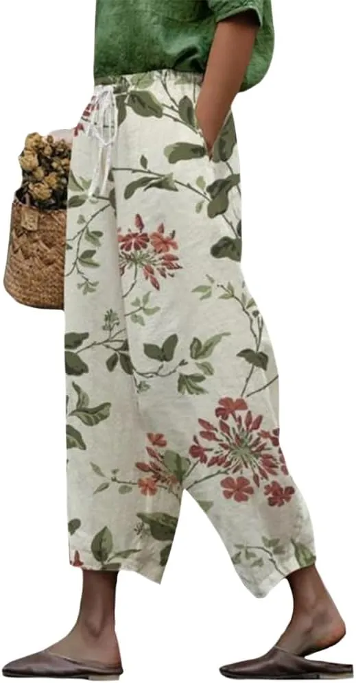 Womens Boho Floral Cotton Linen Pants Summer Casual High Elastic Waist Capri Pants Print Flowy Beach Pants