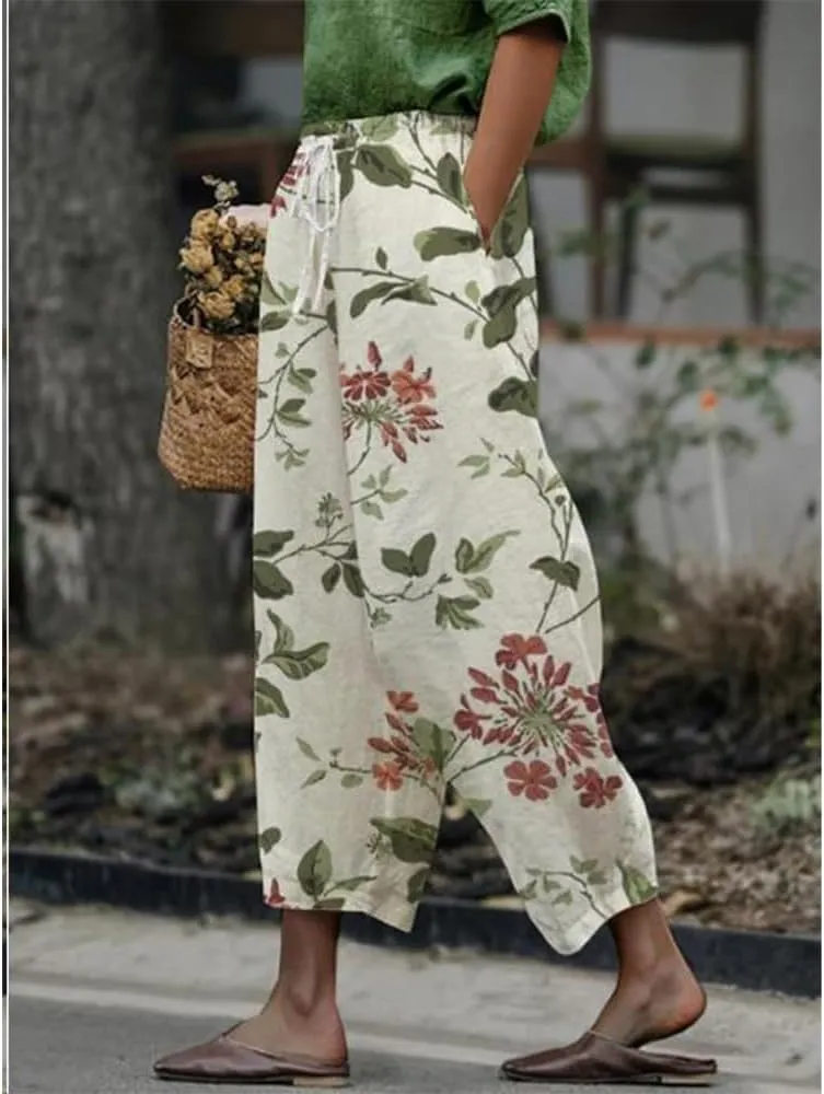 Womens Boho Floral Cotton Linen Pants Summer Casual High Elastic Waist Capri Pants Print Flowy Beach Pants