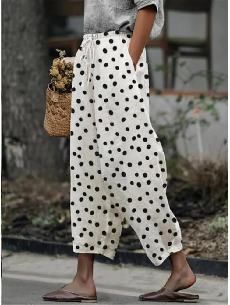 Womens Boho Floral Cotton Linen Pants Summer Casual High Elastic Waist Capri Pants Print Flowy Beach Pants