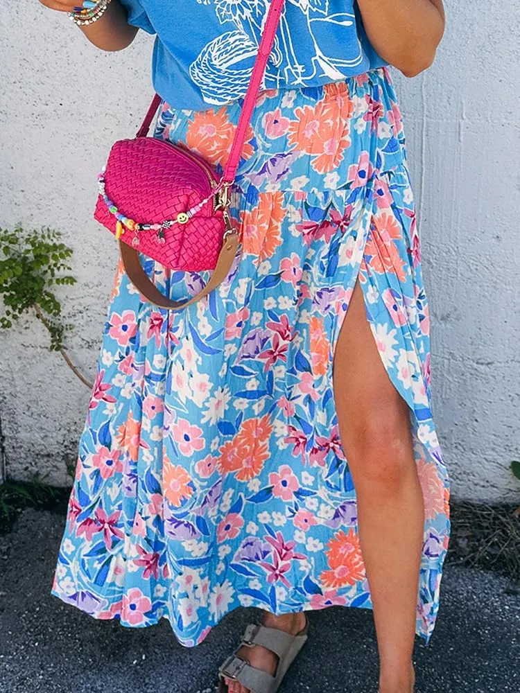 Women's Boho Floral Print Maxi Skirt Fashion Side Slit Elastic High Waist Skirts Casual Loose Fit Vacation Outfits