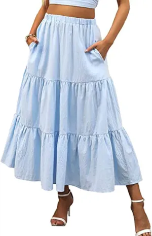 Women's Boho High Waist Long Skirt Casual Flowy Swing Ruffle A Line Beach Maxi Skirt with Pockets