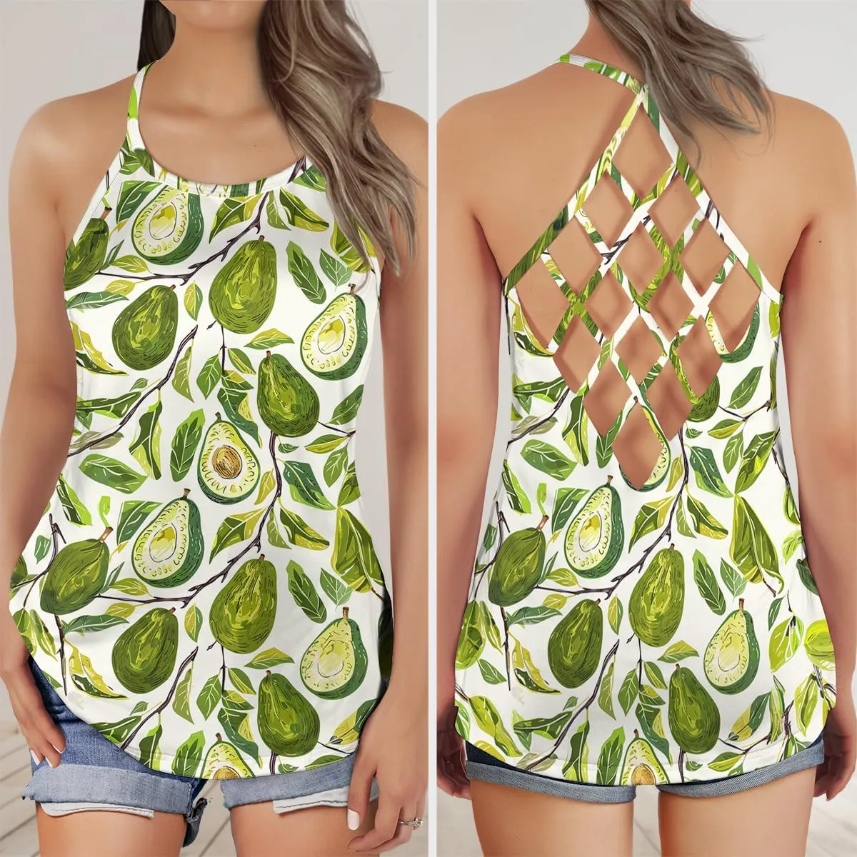 Women's Camisole Tank Tops - Avocado Spaghetti Strap Criss Cross Open Back Tank Summer Top for Women Series 33