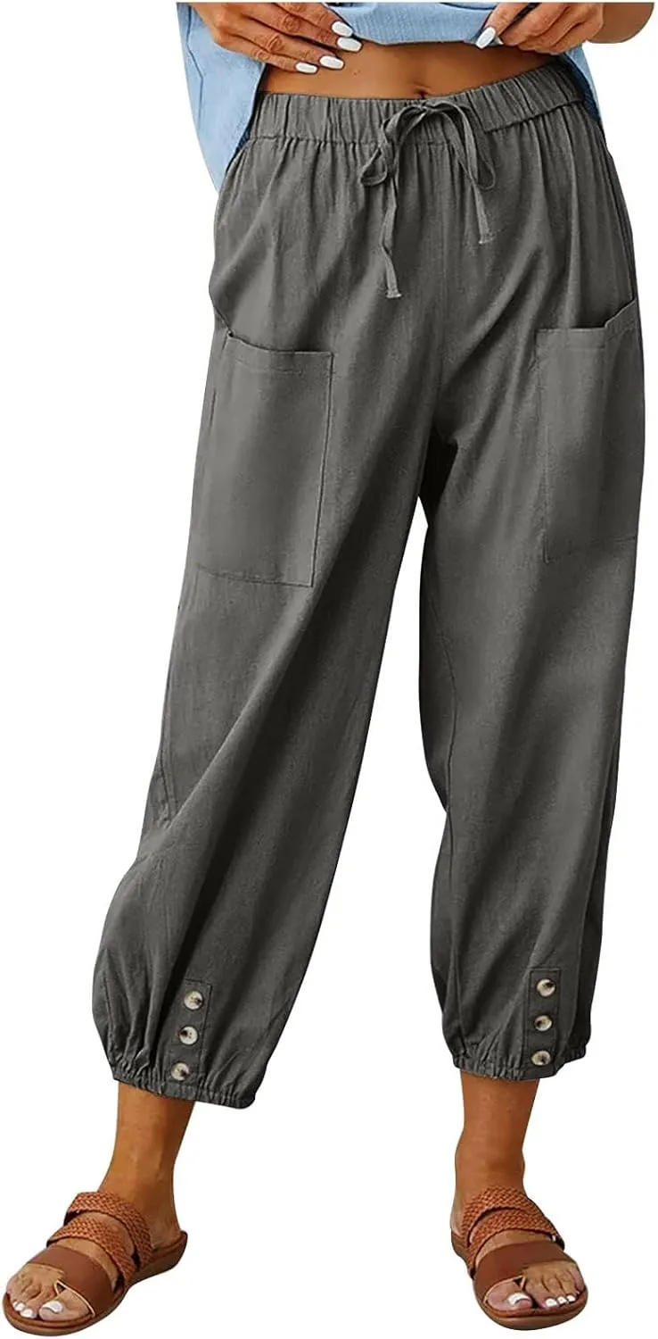 Women's Capri Pants Casual High Waist Cotton Linen Pants Summer Baggy Trouser with Pocket