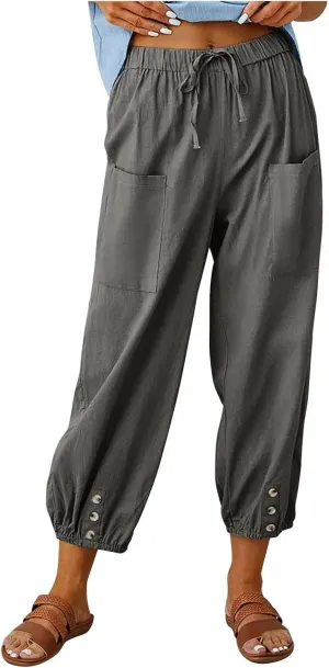 Women's Capri Pants Casual High Waist Cotton Linen Pants Summer Baggy Trouser with Pocket