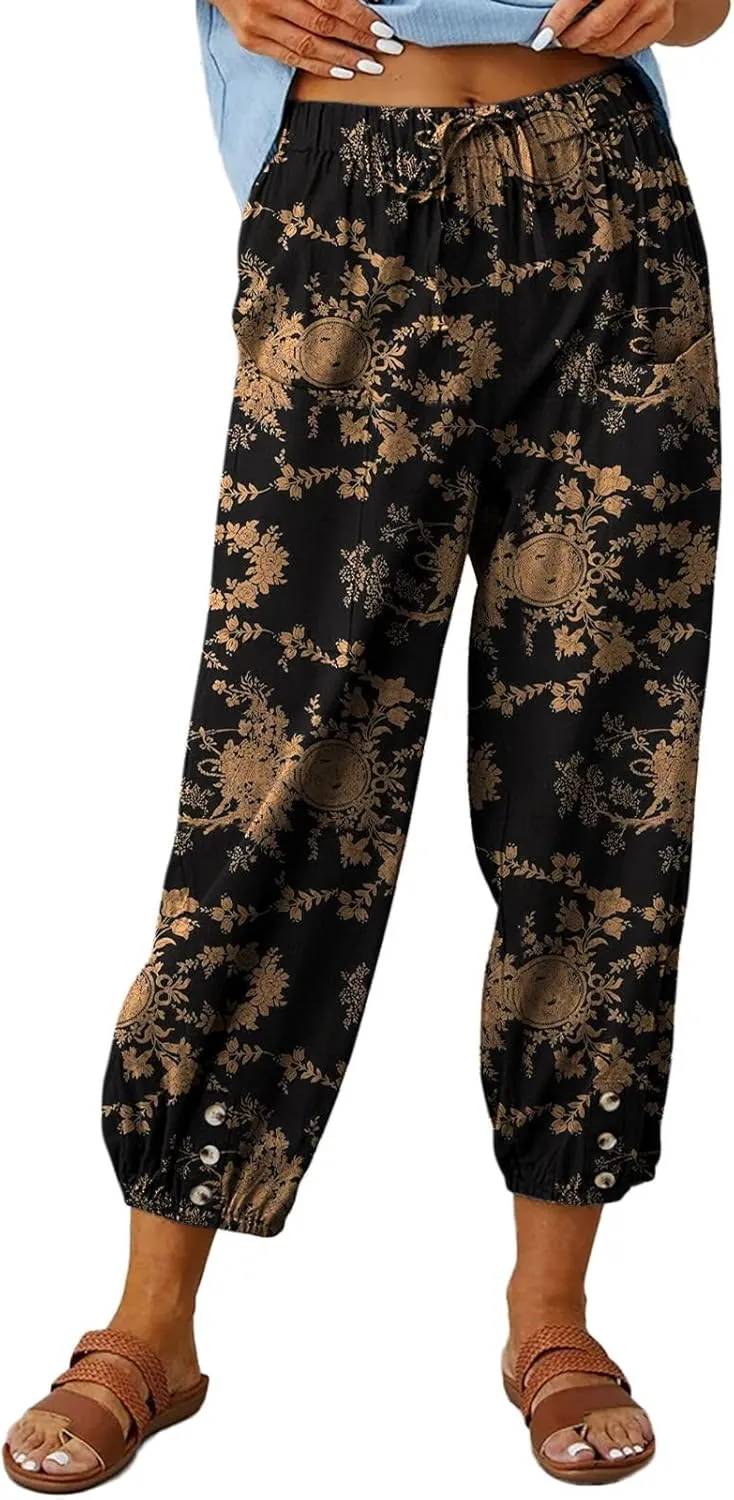 Women's Capri Pants High Waist Drawstring Cinch Bottom with Button Cotton Loose Casual Trouser with Pockets
