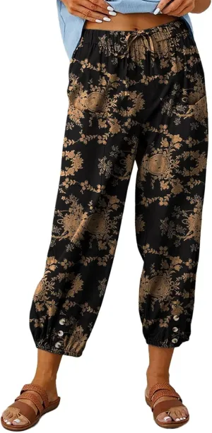 Women's Capri Pants High Waist Drawstring Cinch Bottom with Button Cotton Loose Casual Trouser with Pockets