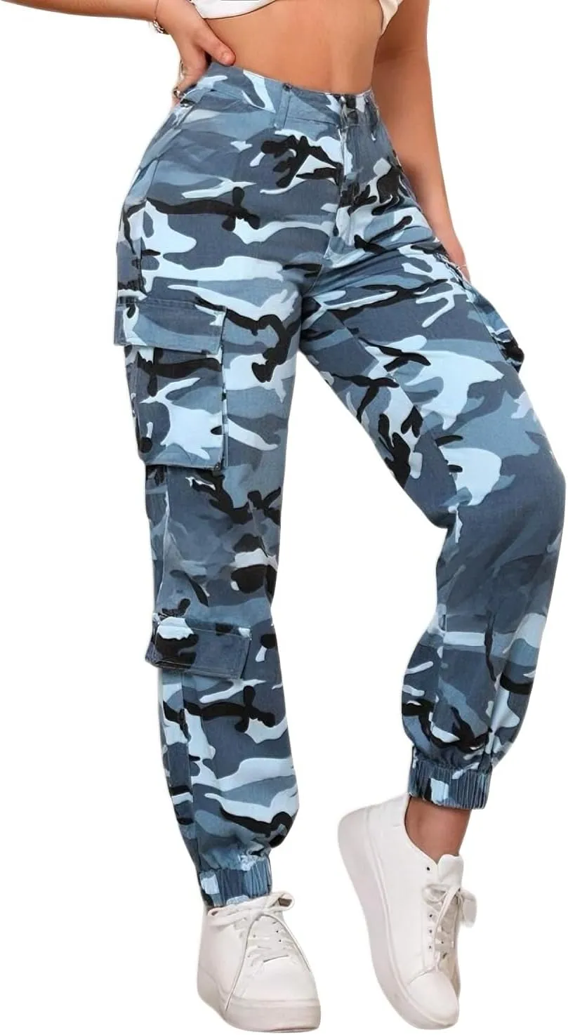 Women's Cargo Jogger Camo Pants with Pockets High Waist Slim Casual Tapered Camouflage Combat Hiking Pants