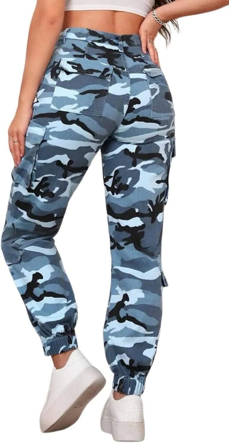 Women's Cargo Jogger Camo Pants with Pockets High Waist Slim Casual Tapered Camouflage Combat Hiking Pants