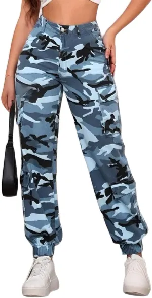 Women's Cargo Jogger Camo Pants with Pockets High Waist Slim Casual Tapered Camouflage Combat Hiking Pants