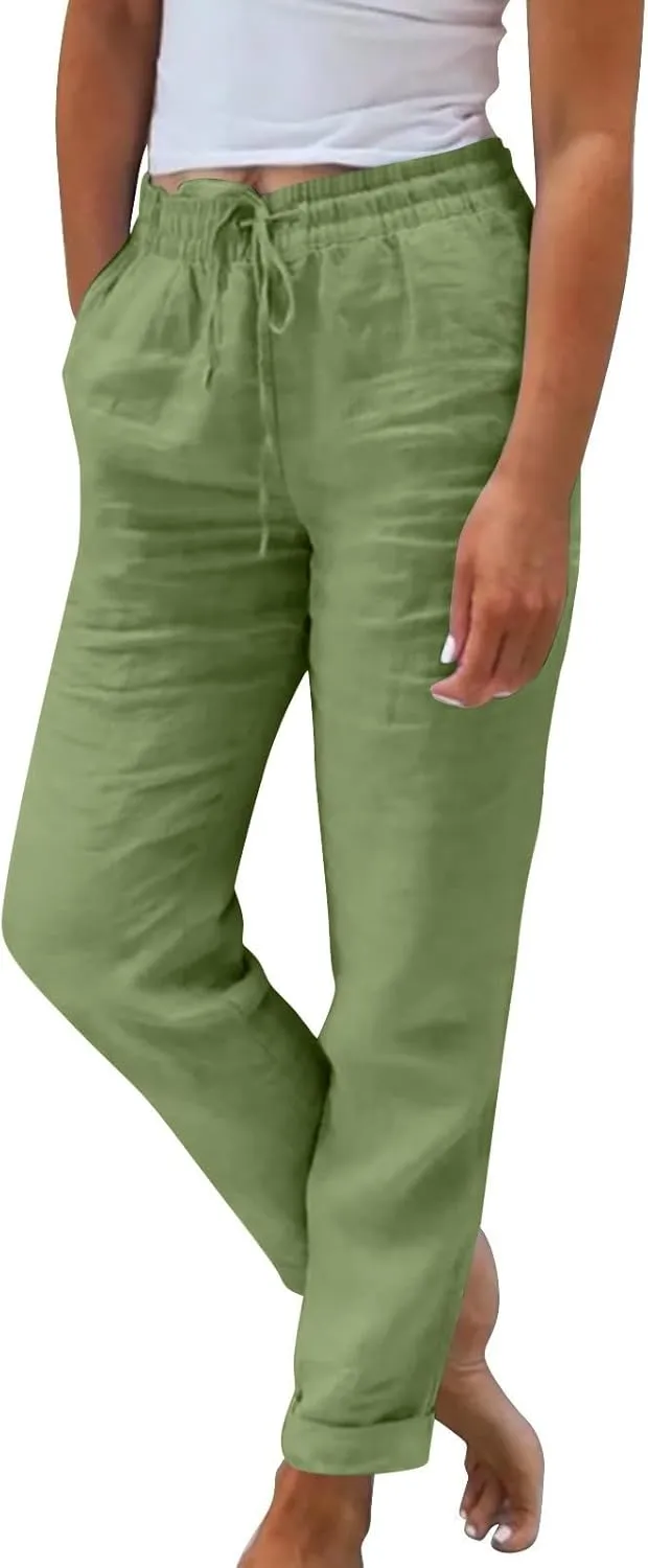 Women's Casual Cotton Linen Pants Drawstring High Waist Loose Fit Summer Pants Lounge Beach Trousers with Pockets