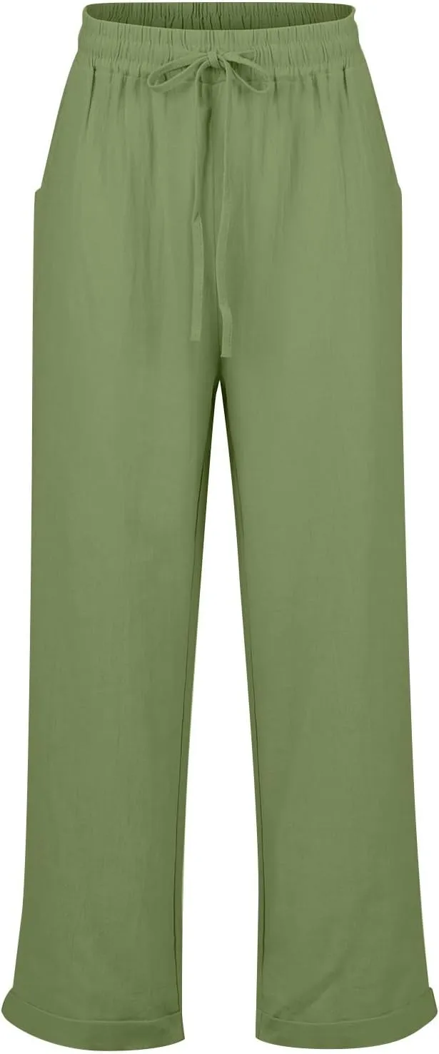 Women's Casual Cotton Linen Pants Drawstring High Waist Loose Fit Summer Pants Lounge Beach Trousers with Pockets
